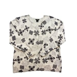 Eddie Bauer Womens Sweater Cardigan 2 Extra Large XXL Beige Snowflake Holiday‎